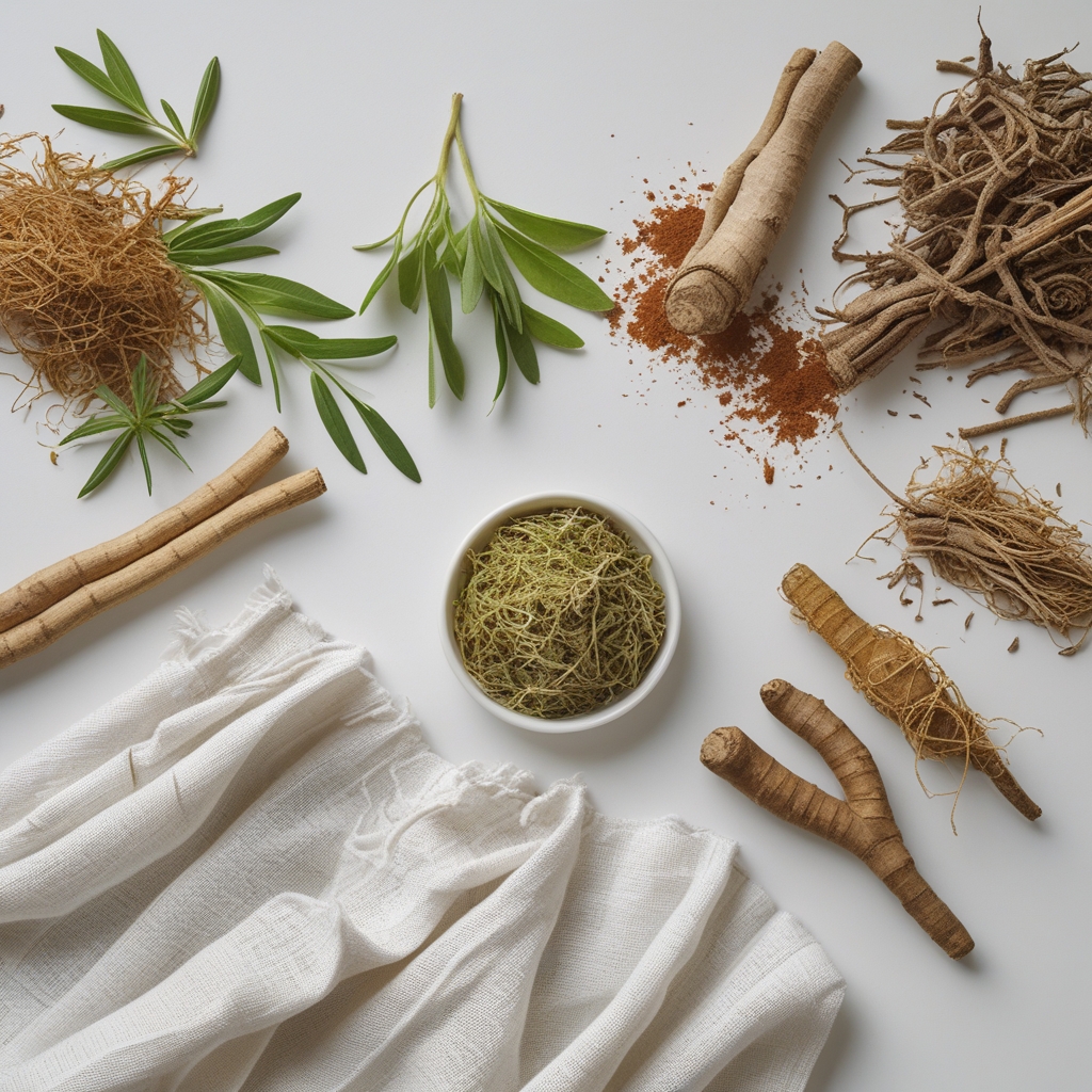 Berbagai akar herbal Asia Timur yang dikeringkan dan segar — irisan jahe, akar ginseng, dan rimpang kering tersusun rapi di atas kain linen putih di bawah cahaya alami