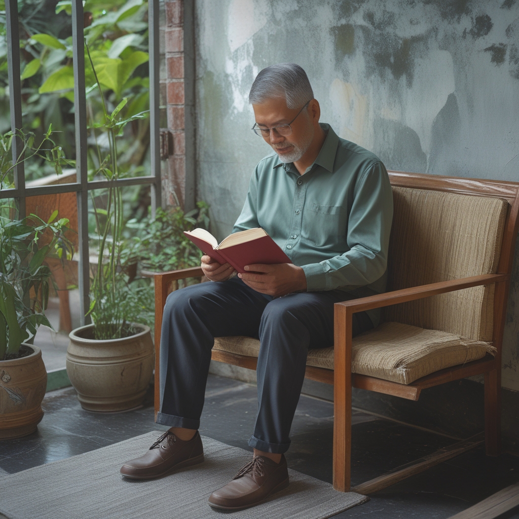 Pria dewasa duduk di meja kayu di ruangan terang bersih, membaca buku tebal dengan penuh konsentrasi di dekat jendela dengan tanaman hijau di latar belakang