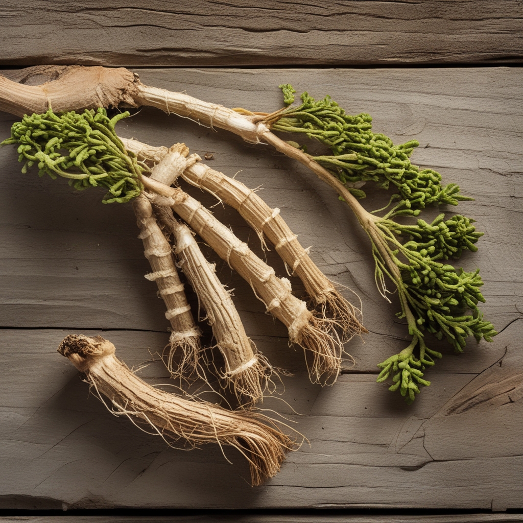 Akar ginseng segar berwarna krem kecokelatan di atas permukaan kayu, dengan tekstur alami dan lekukan akar yang khas, dikelilingi daun hijau segar