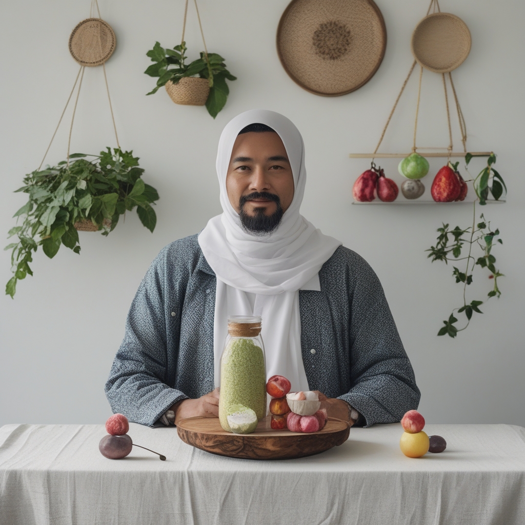 Mangkuk kayu berisi campuran buah beri segar merah dan ungu, kenari, dan oat di atas meja putih bersih, dengan sendok kayu dan daun mint hijau sebagai dekorasi