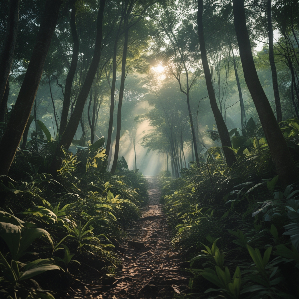 Hutan tropis yang rimbun dengan cahaya matahari menembus dedaunan hijau, suasana alami dan damai yang menggambarkan kesehatan dan vitalitas alam