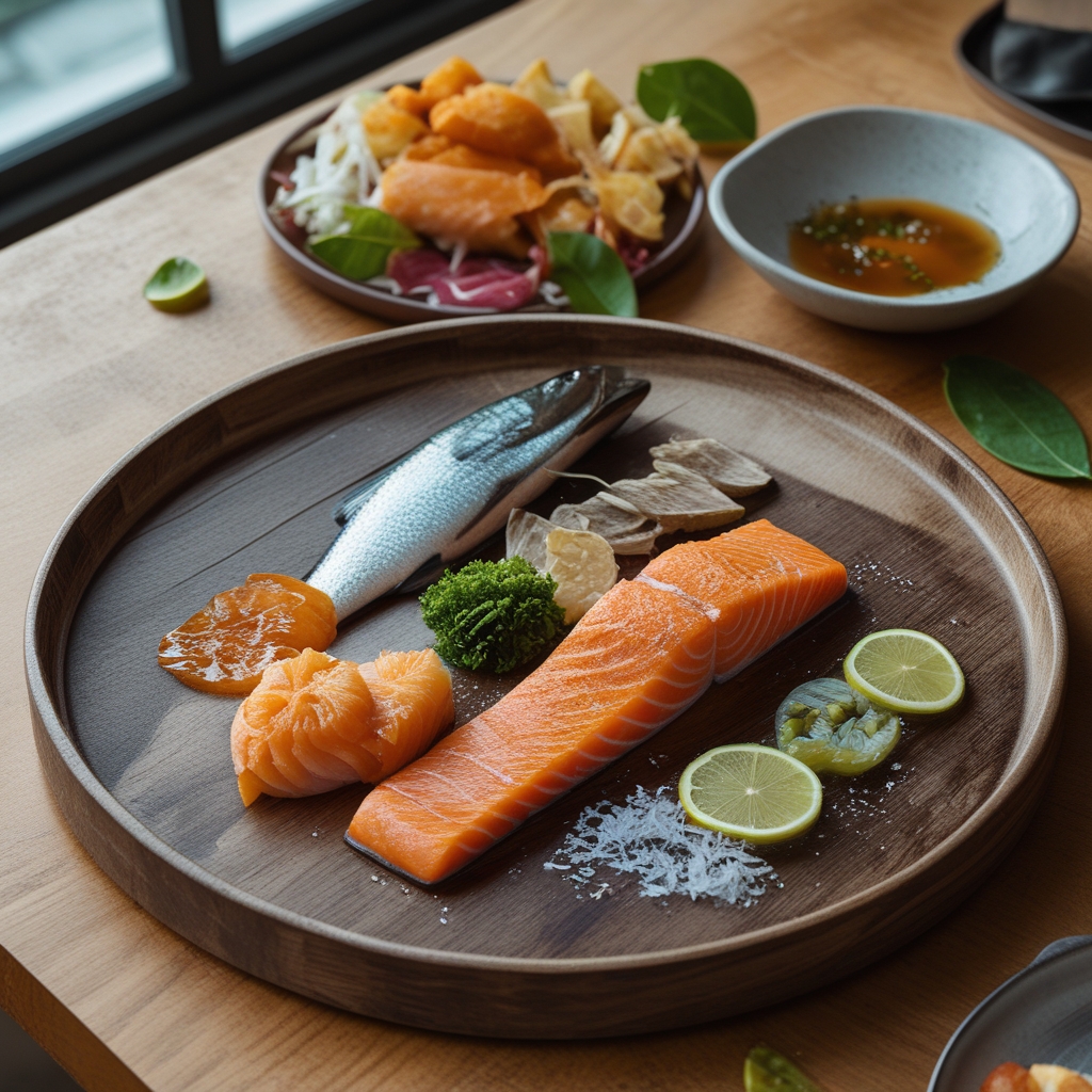 Rangkaian makanan bergizi di atas meja kayu — ikan salmon, alpukat segar, kacang kenari, bayam hijau, dan biji-bijian, disusun dengan estetis di atas talenan kayu putih