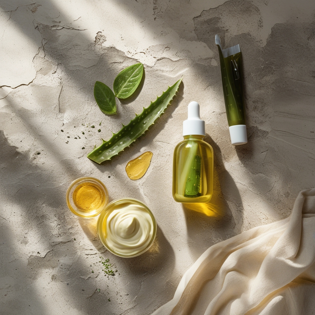 Produk perawatan kulit alami di atas permukaan marmer putih — botol minyak esensial bening, potongan aloe vera segar berwarna hijau, dan rempah-rempah kunyit dengan warna kuning cerah