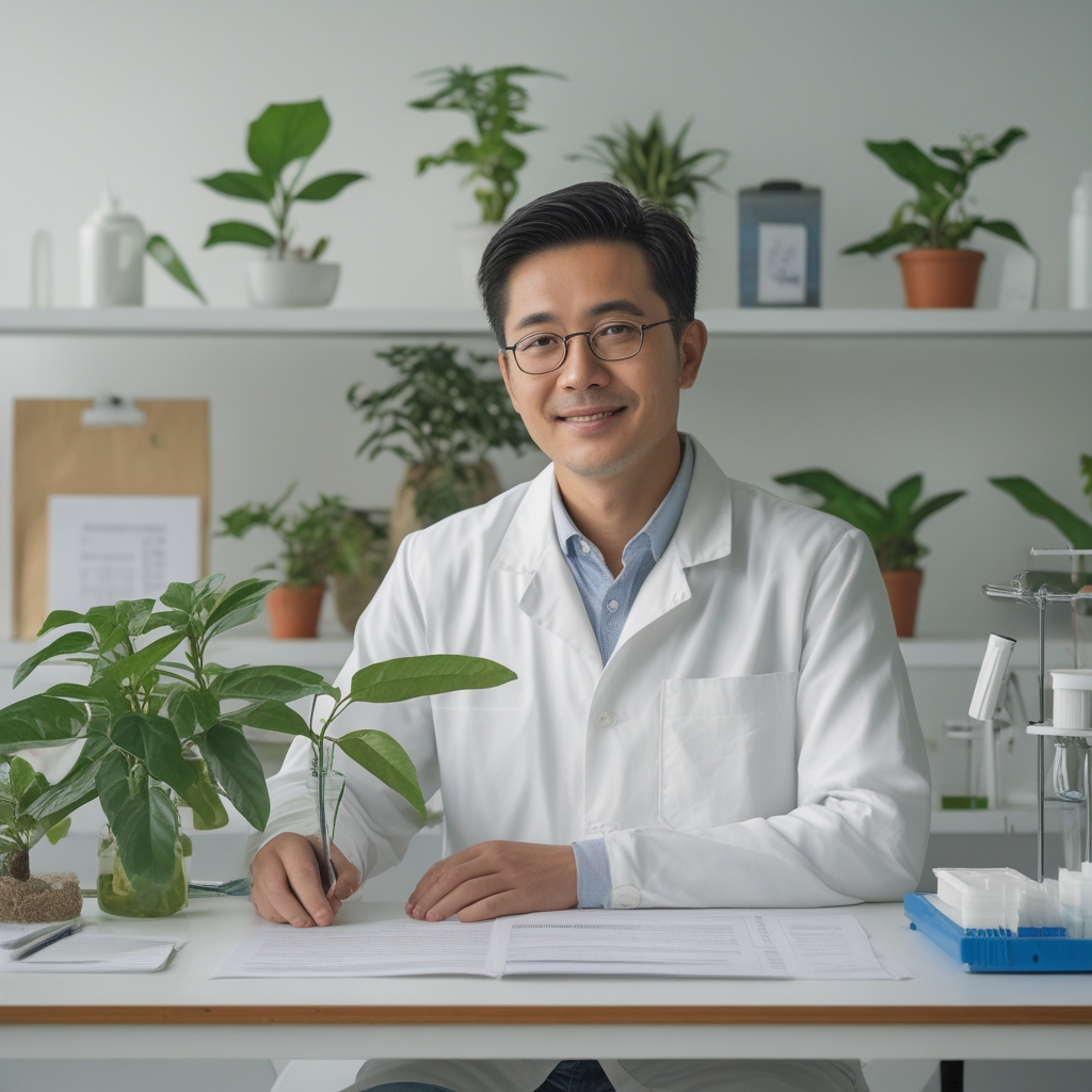 Laboratorium modern yang terang dengan peralatan penelitian ilmiah di atas meja putih, dengan tanaman hijau besar di latar belakang menciptakan perpaduan alam dan ilmu pengetahuan