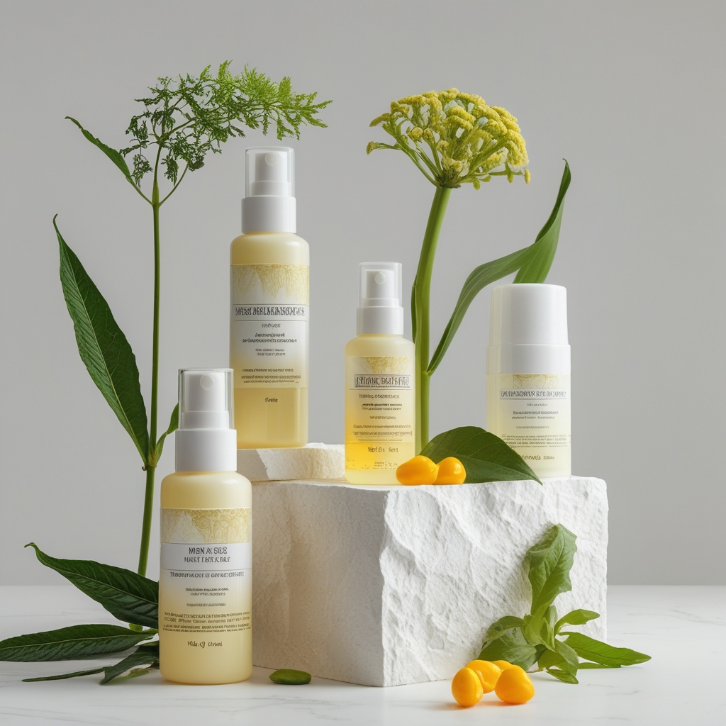 Berbagai botol kaca bening berisi minyak esensial alami, daun lidah buaya segar terpotong, dan batu kecil berwarna hijau di atas permukaan marmer putih yang bersih